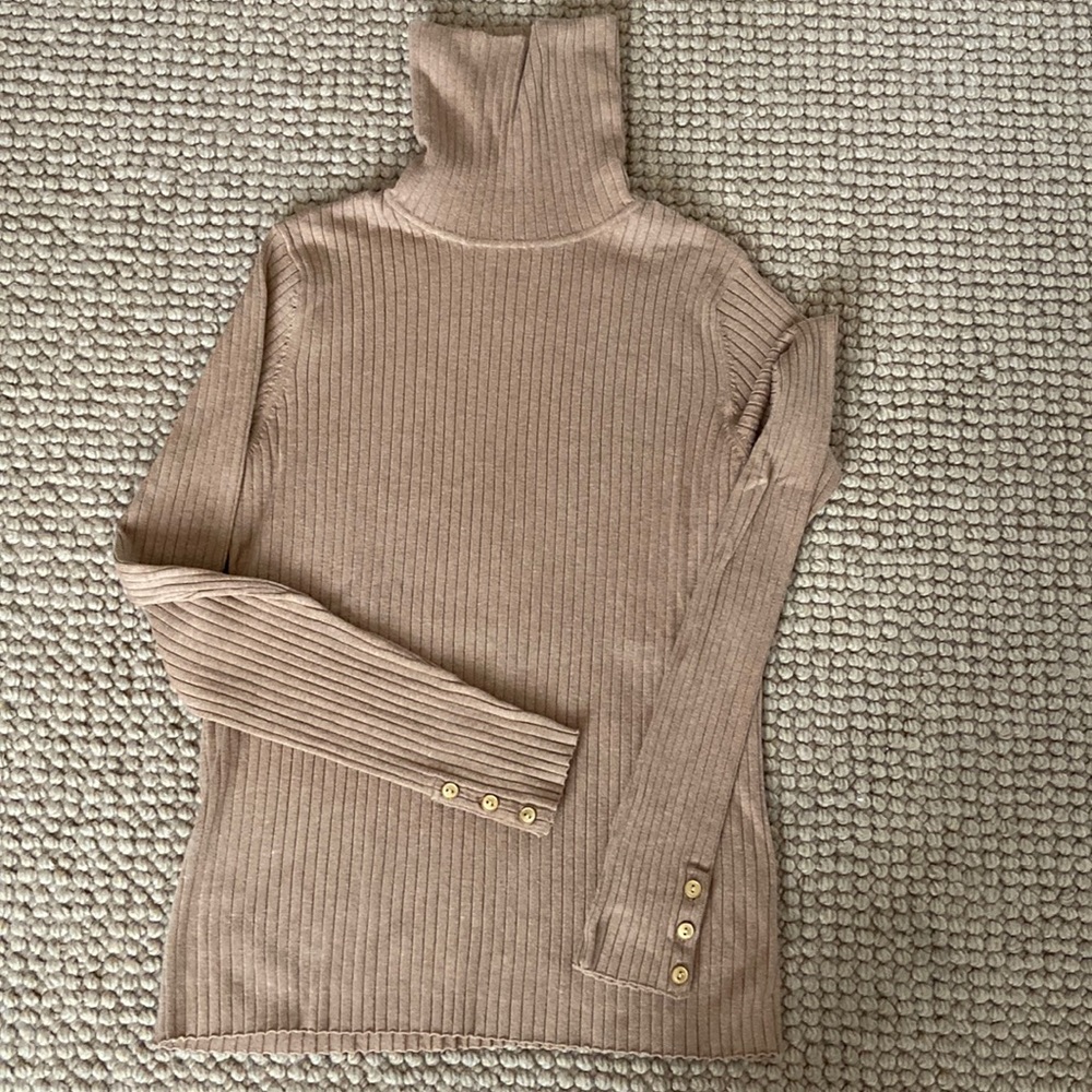 J McLaughlin perfect came colored turtleneck with gold button detail at wrist.